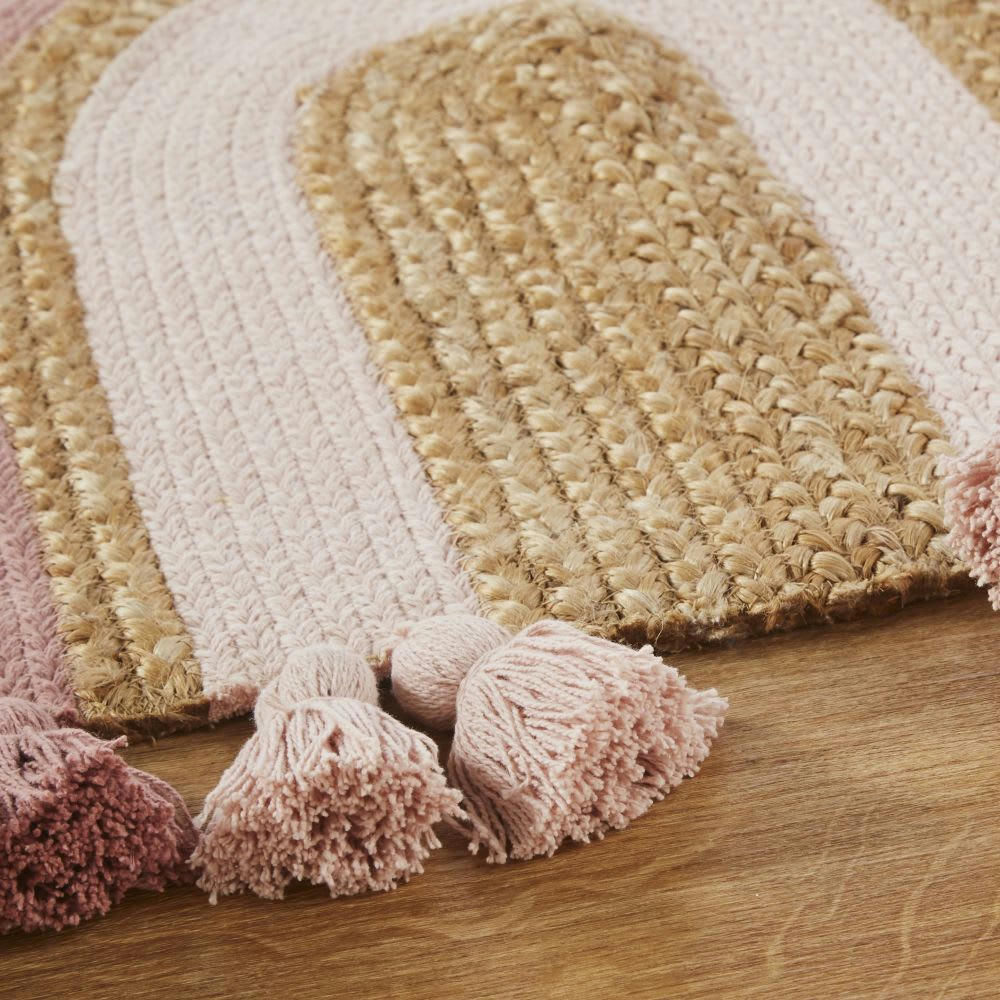 MALAGA - Tapis enfant arc-en-ciel en coton et jute multicolore à pompons 75x100