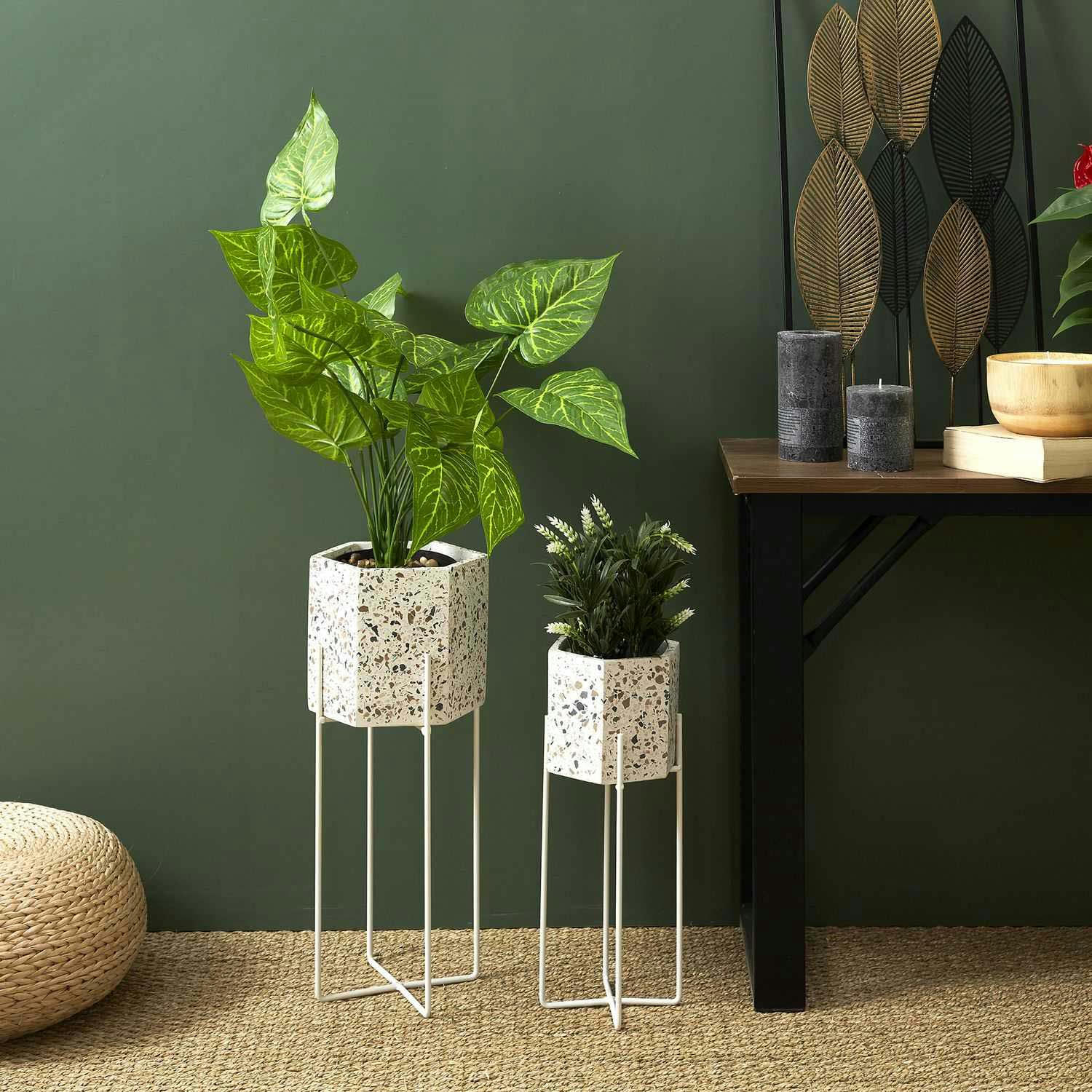 - Lot de 2 support à plantes en céramique et métal terrazzo