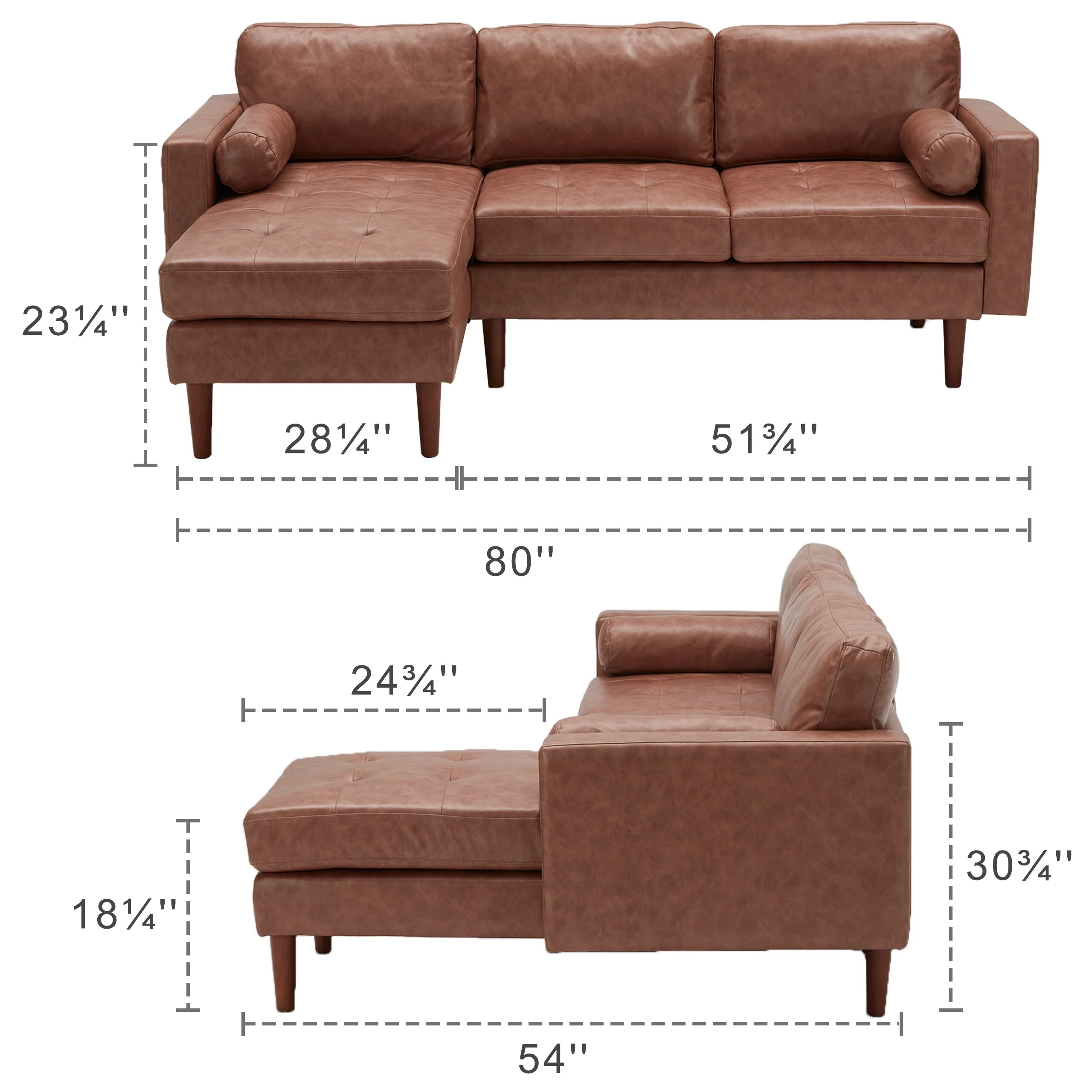 Brown 80'' L-Shaped Faux Leather Sectional Sofa with Tufted Cushions, Reversible Chaise, and Sturdy Wooden Frame