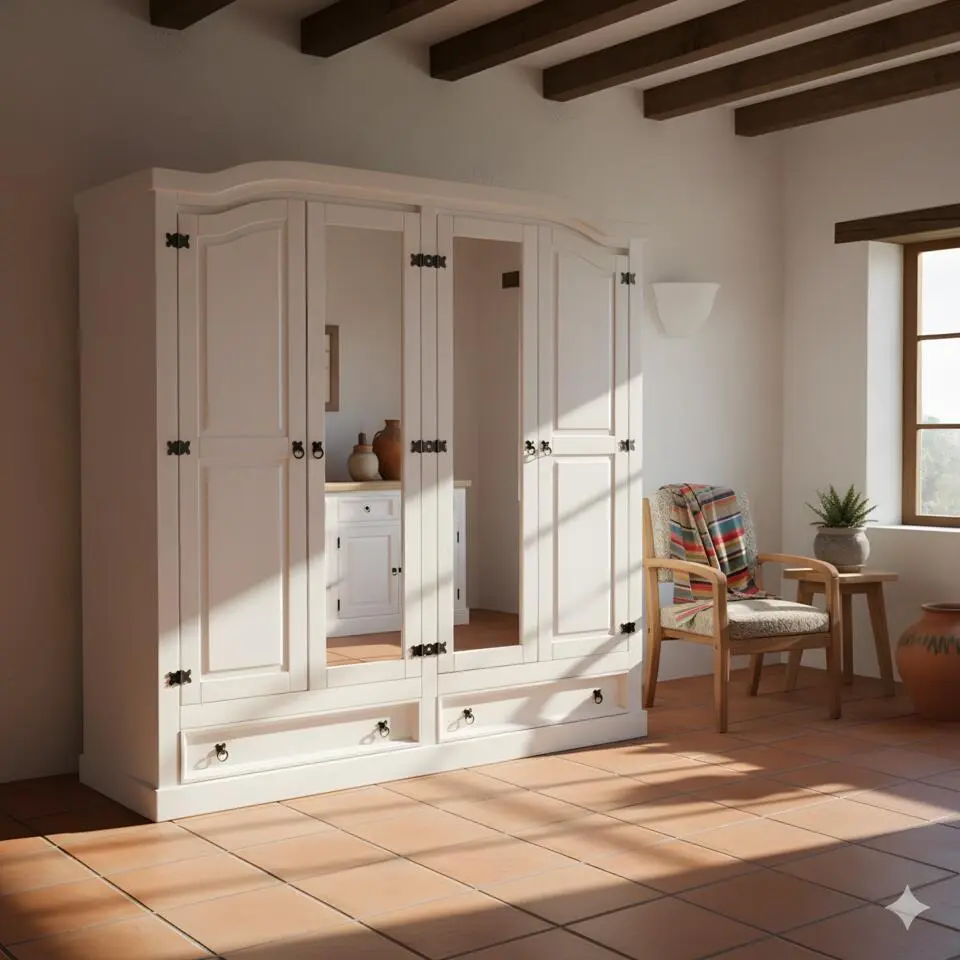 Hioshop New Mexico 4-deurs kledingkast wit met spiegel