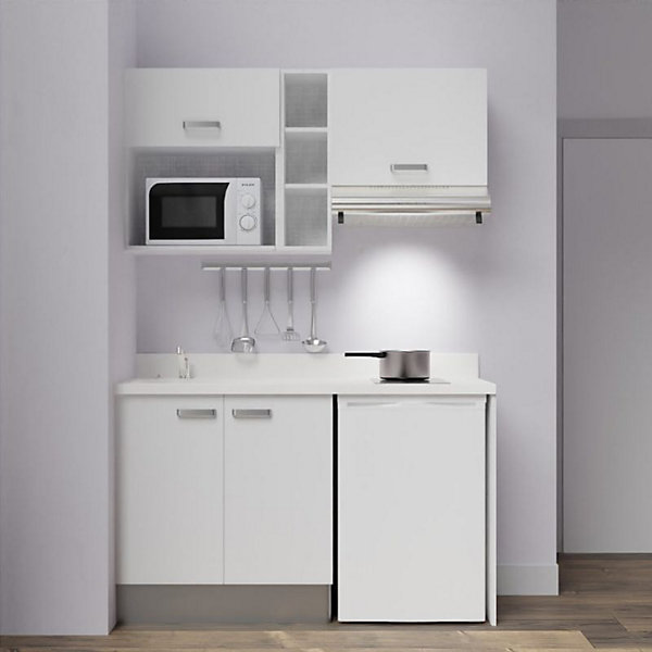 Kitchenette K13 - 140 cm - façades Blanc - Plan monobloc en quartz coloris Snova évier à gauche
