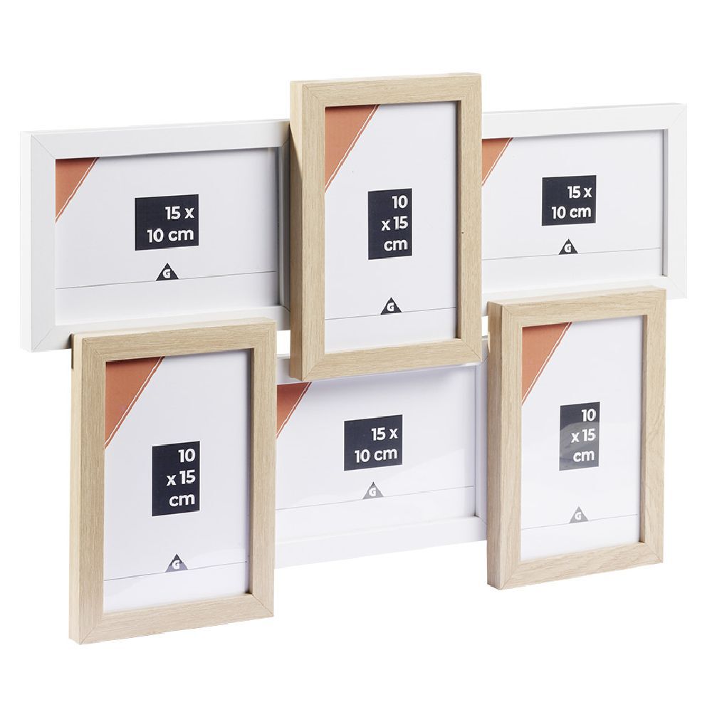 Pêle-mêle cadre bois beige et blanc 30.5x44.5cm 6 vues 10x15cm