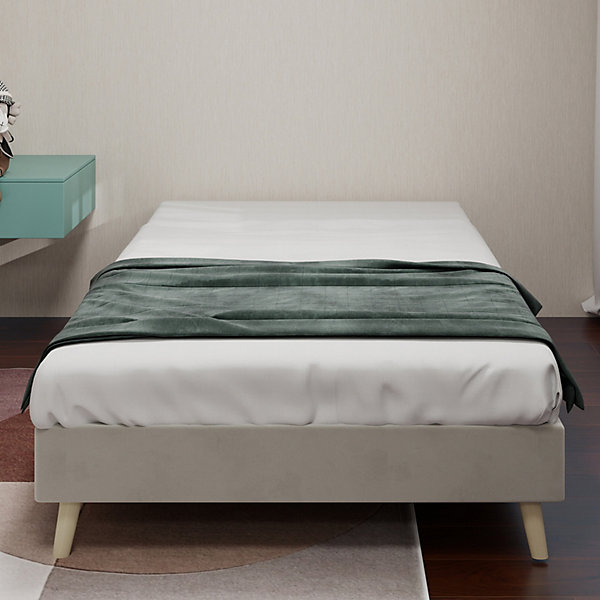 Lit Simple Enfant 90x200 cm - sans Tête de Lit, Revêtement en Velours et Cadre Bas, Composite et Métal, sans Matelas, Beige