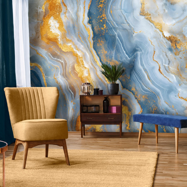 Fototapeta Marmur Niebieski Złoty Glamour Na Ścianę Sypialnia Salon 250X175