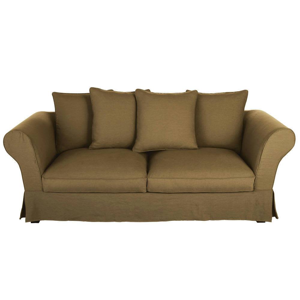 Roma - Housse de canapé-lit 3/4 places (matelas 12 cm) en lin froissé marron havane