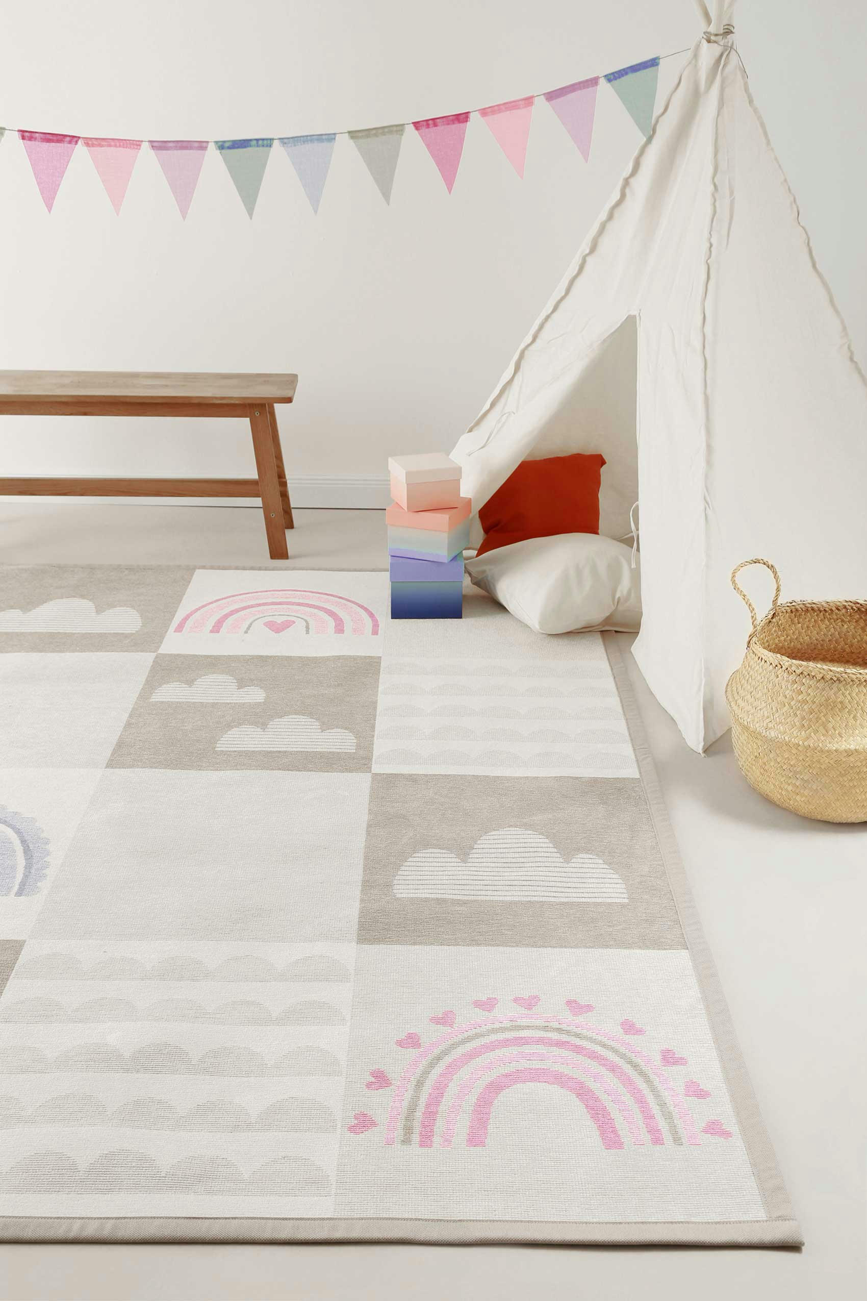LOVELY RAINBOW - Tapis plat réversible tons pastels beige, rose et bleu140x200