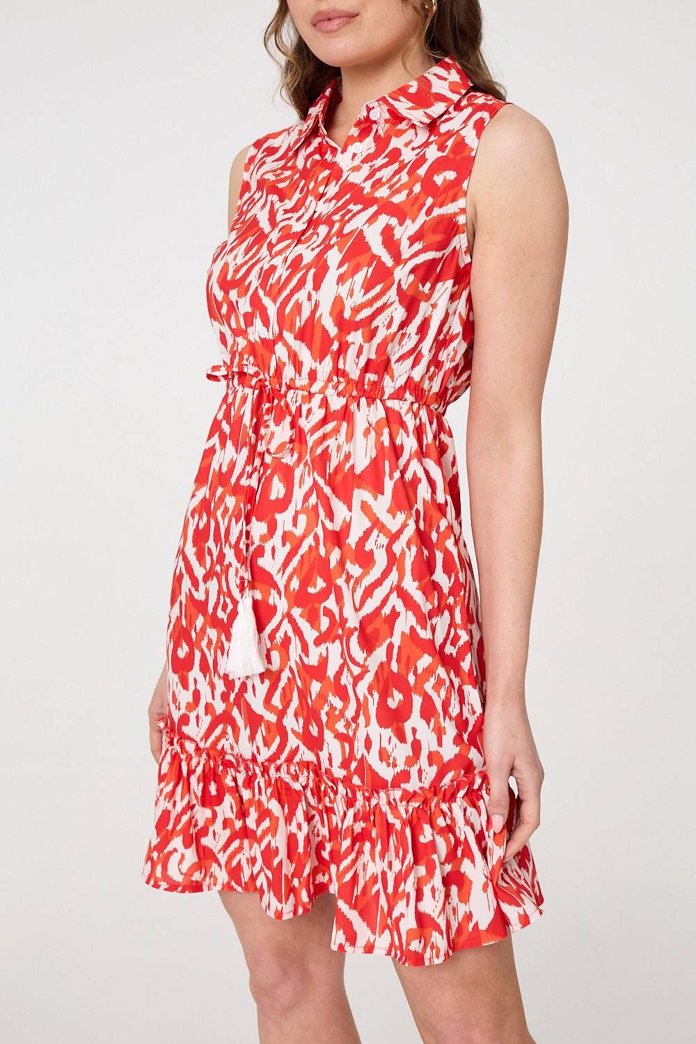 Izabel London Printed Sleeveless Short Shirt Dress