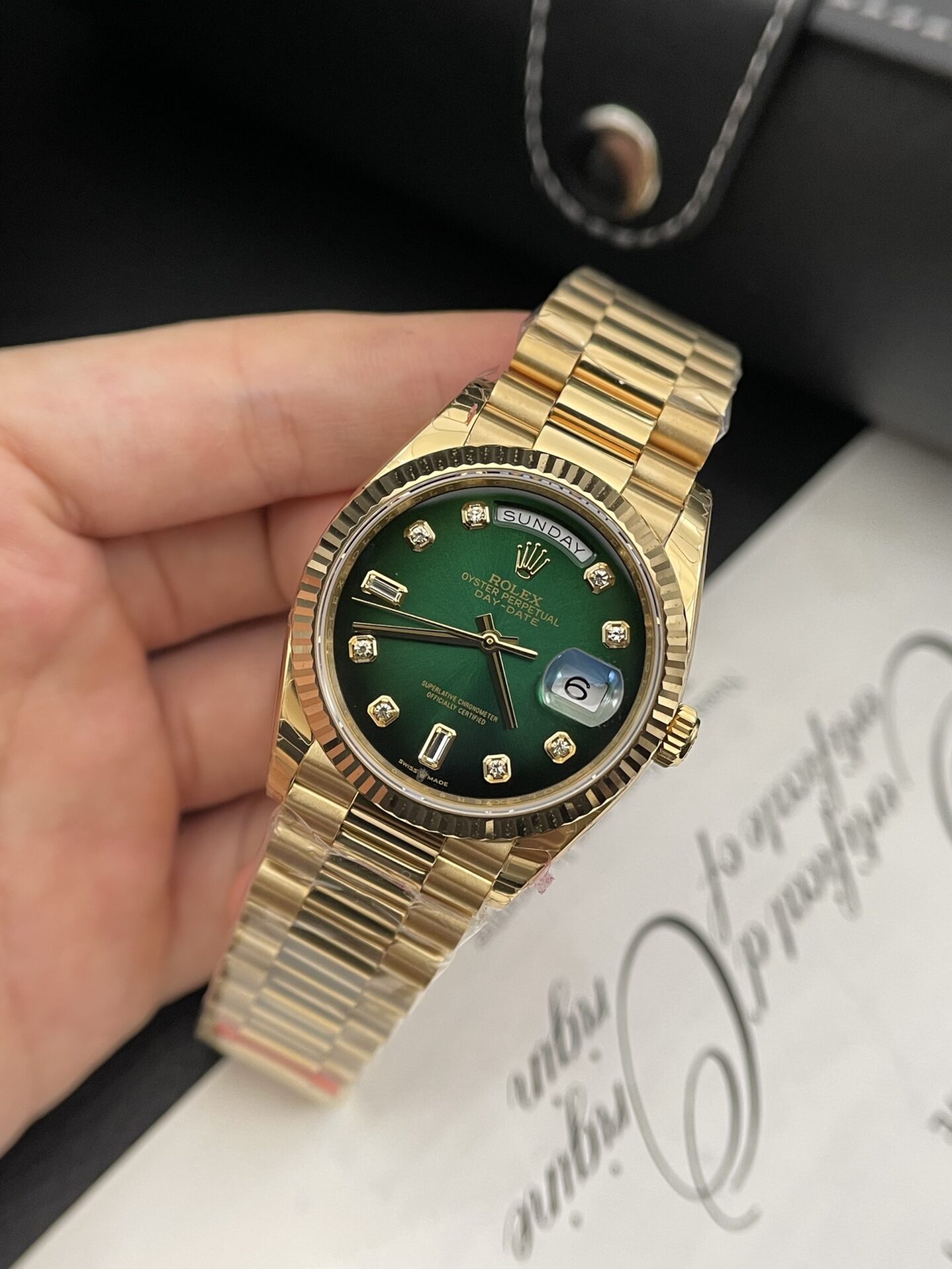 Rolex Day-Date YG Plated Green Dial CZ Diamonds 36mm EWF Replica