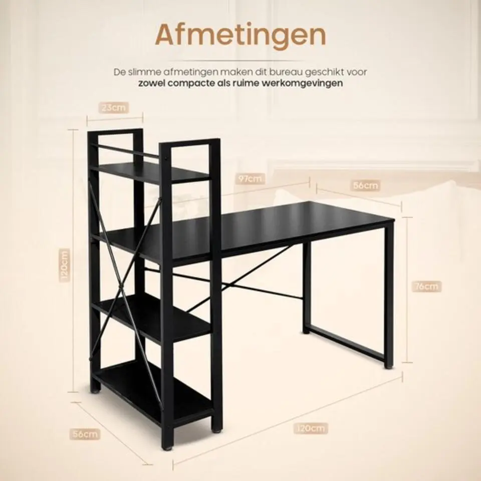 O'DADDY Bureau �?120 x 60 cm �?Zwart �?met boekenrek en verstelbare voeten