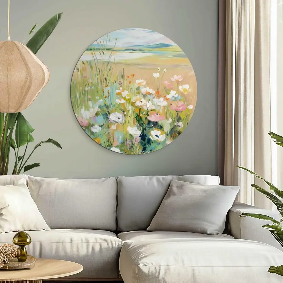 Glasschilderij Bloemenveld in Zomerlicht - &Oslash; 70 - Groen