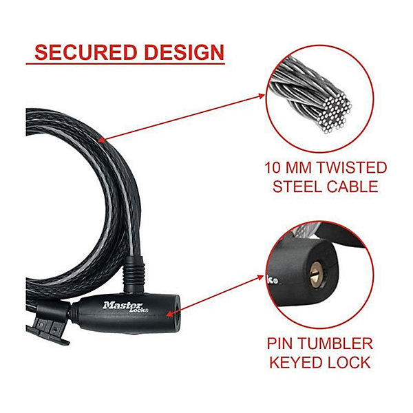 Master Lock Antivol velo cable acier 10 mm 1 8 m avec cle et support fixation