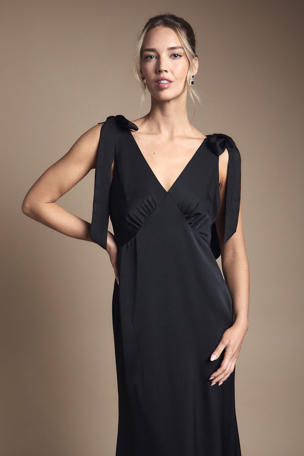 Coast Coast Honoured Satin Back Crepe V Neck Tie Shoulder Maxi Bridesmaid Dress