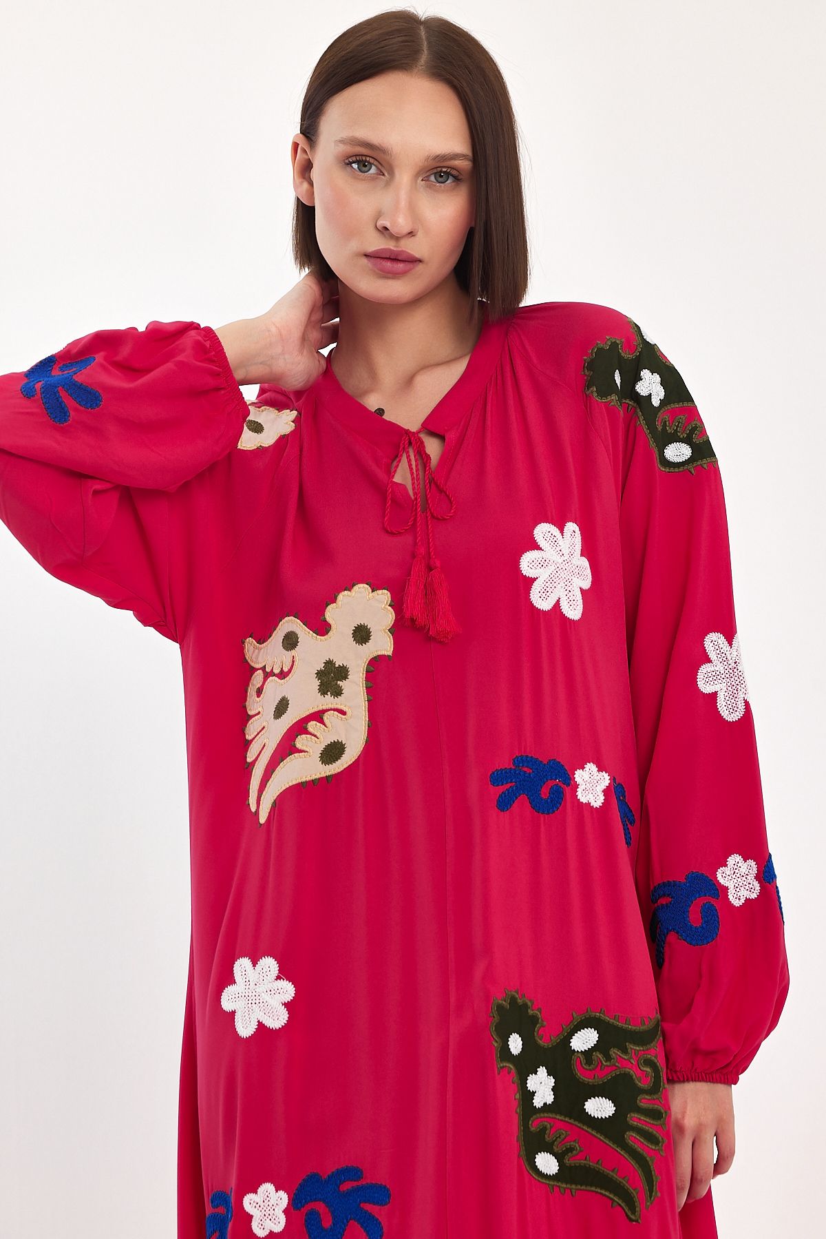 Belissh Embroidered Maxi Dress with Statement Motifs in Pink