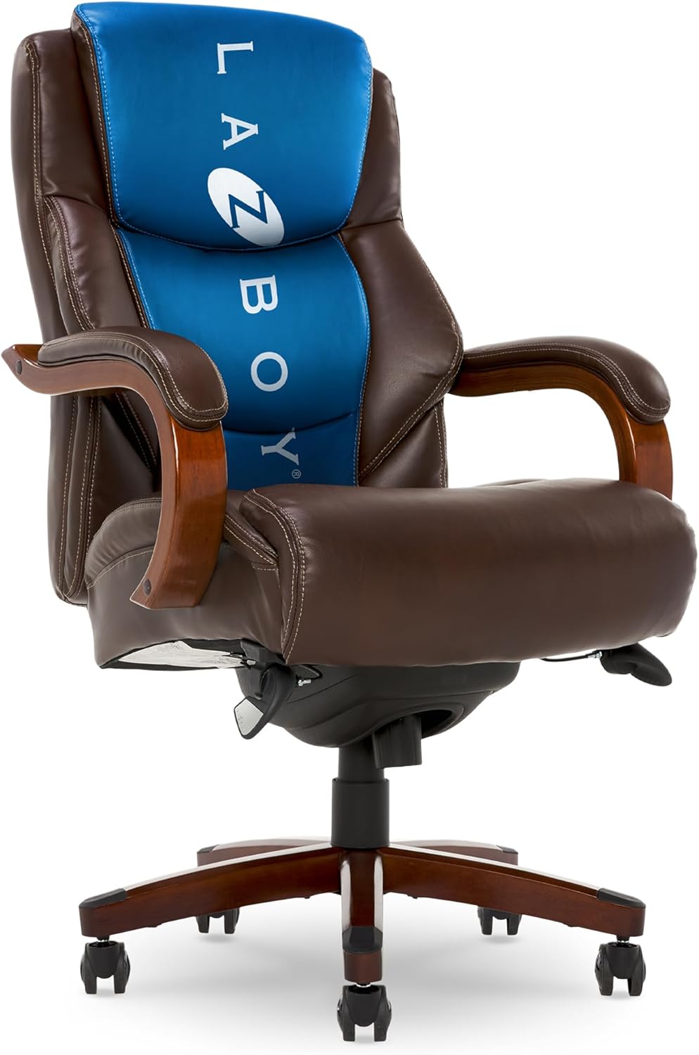 La-Z-Boy Delano Big and Tall Executive Office Chair - Ergonomic Lumbar Support Memory Foam - Bonded Leather Desk Chair for Home Office - Mahogany Wood Arms - Chestnut Brown