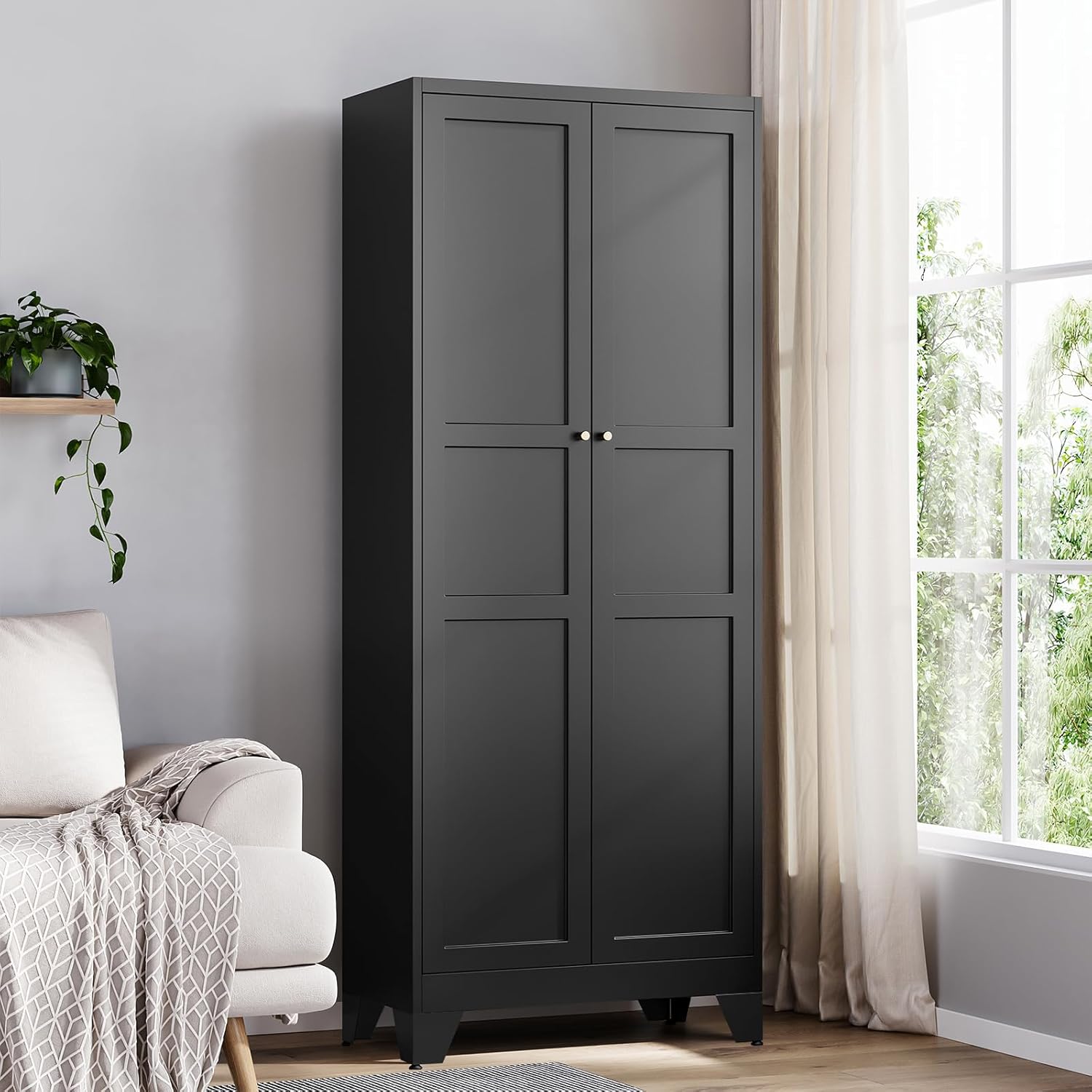 Yizosh Metal Pantry Cabinet, 75 Kitchen Pantry with 2 Door and 4 Adjustable Shelves,Black Metal Pantry Storage Cabinet,Cupboard for Kitchen,Dining Room,Living Room and Bathroom