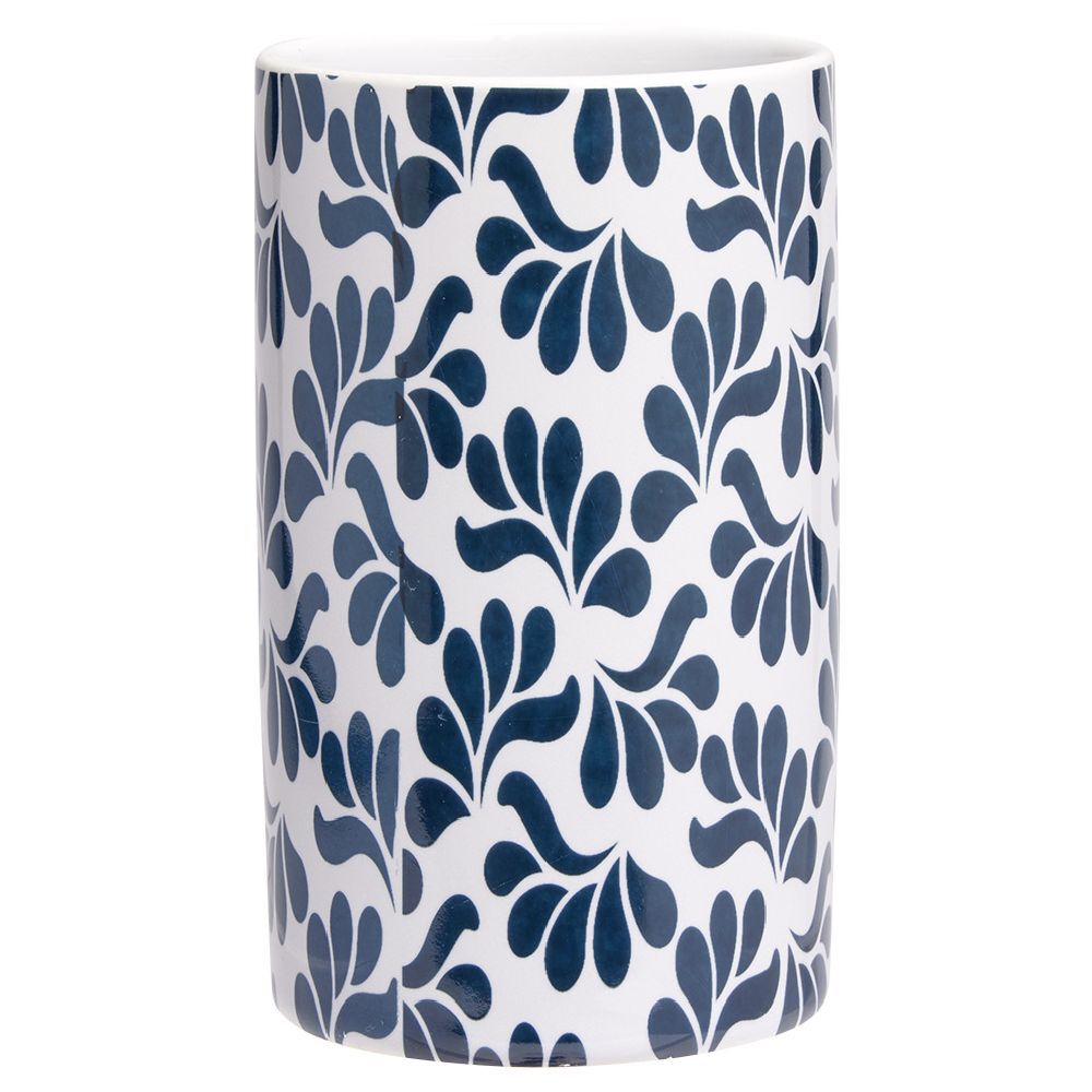 Gobelet céramique motif végétal blanc et bleu Ø6xH10,5cm