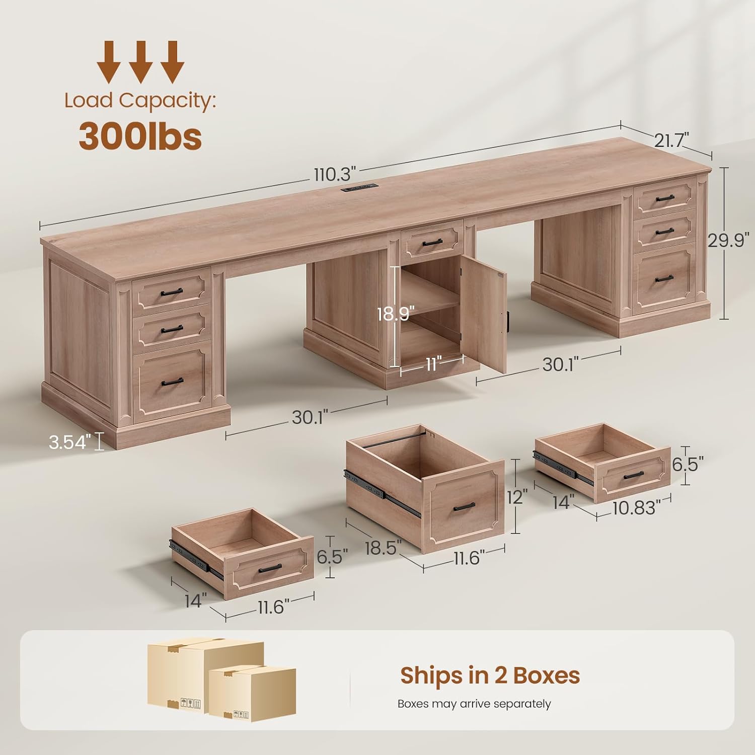 SEDETA Farmhouse 110.3 Two Person Desk with 7 Drawers, Long Computer Desk with Storage Cabinet, 2 Person Desk with Power Outlets for Home Office, Natural Oak