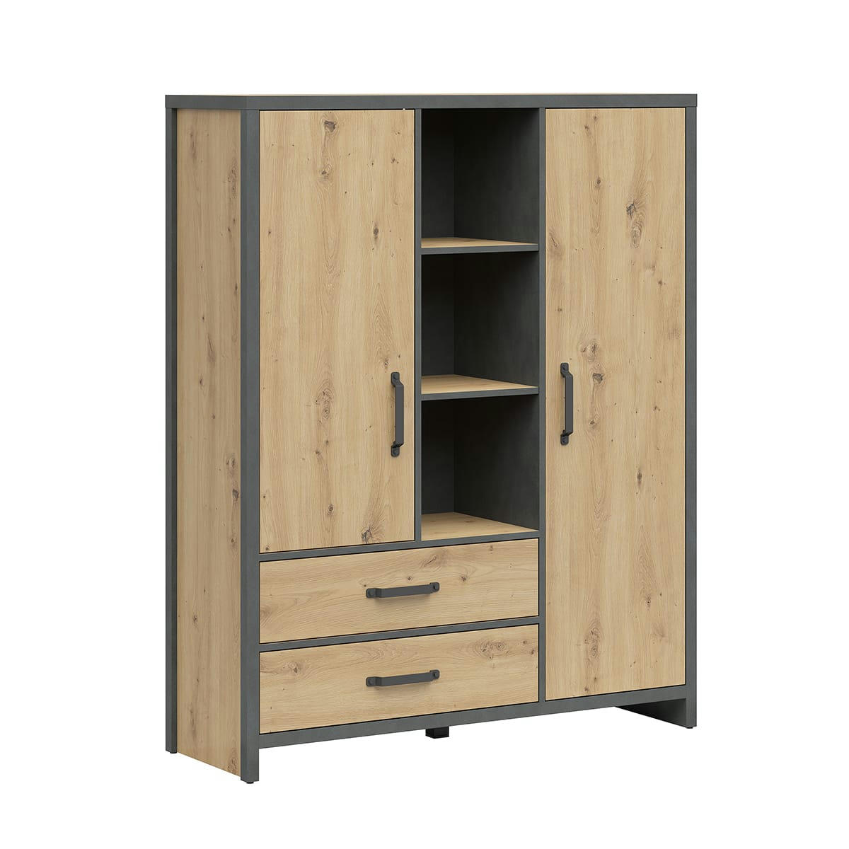 - Bibliothèque 2 portes 2 tiroirs stratifiés naturel et gris