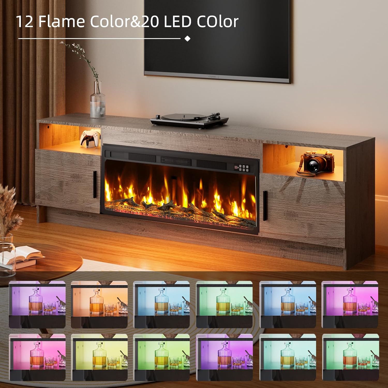 Fireplace TV Stand with 36 Fireplace Up to 80 TV, 70 Entertainment Center with LED Lights, Remote Control, TV Media Console with Storage Cabinets for Living Room, Grey