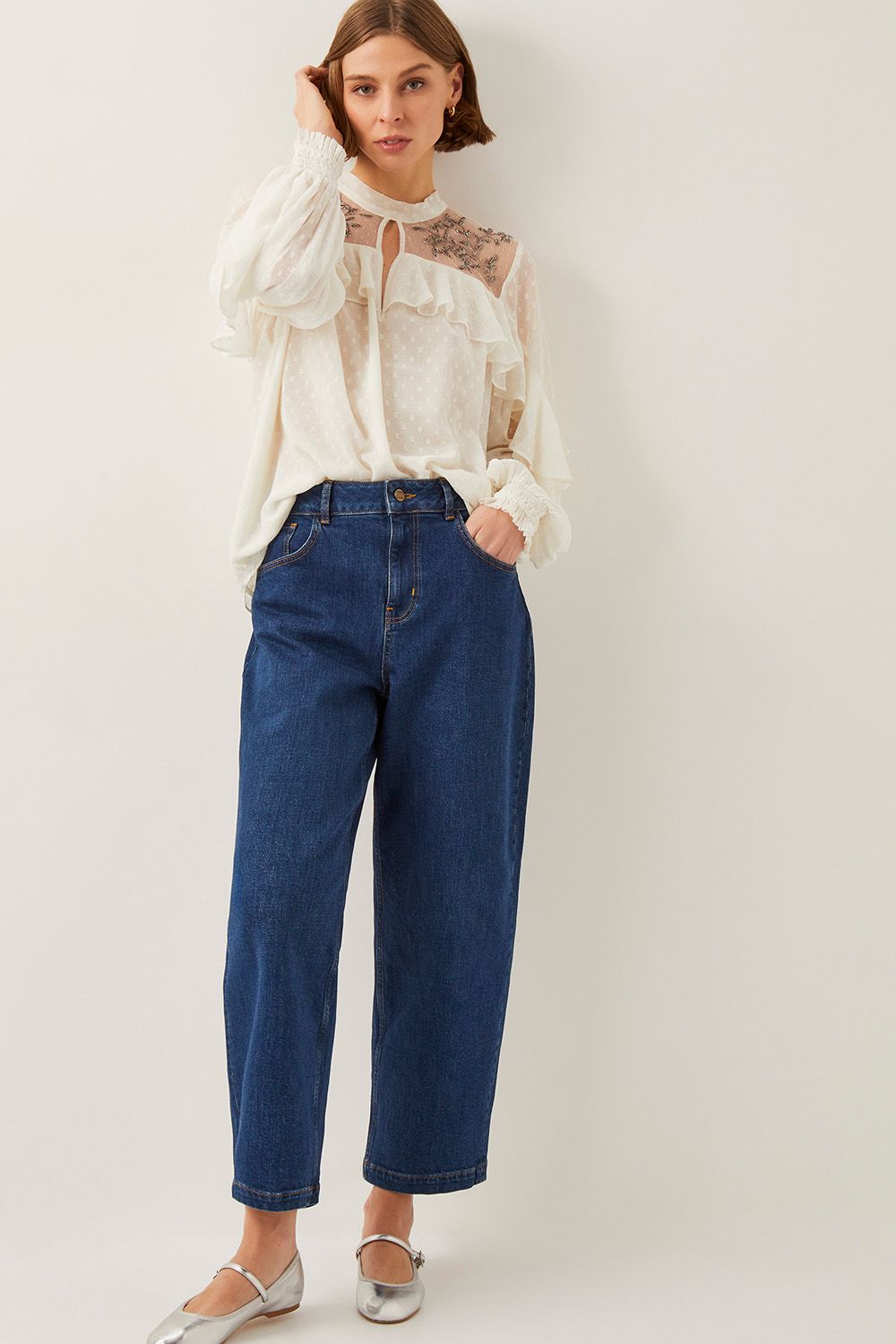 Monsoon Debbie Embellished Polka Dot Ruffle Blouse Ivory