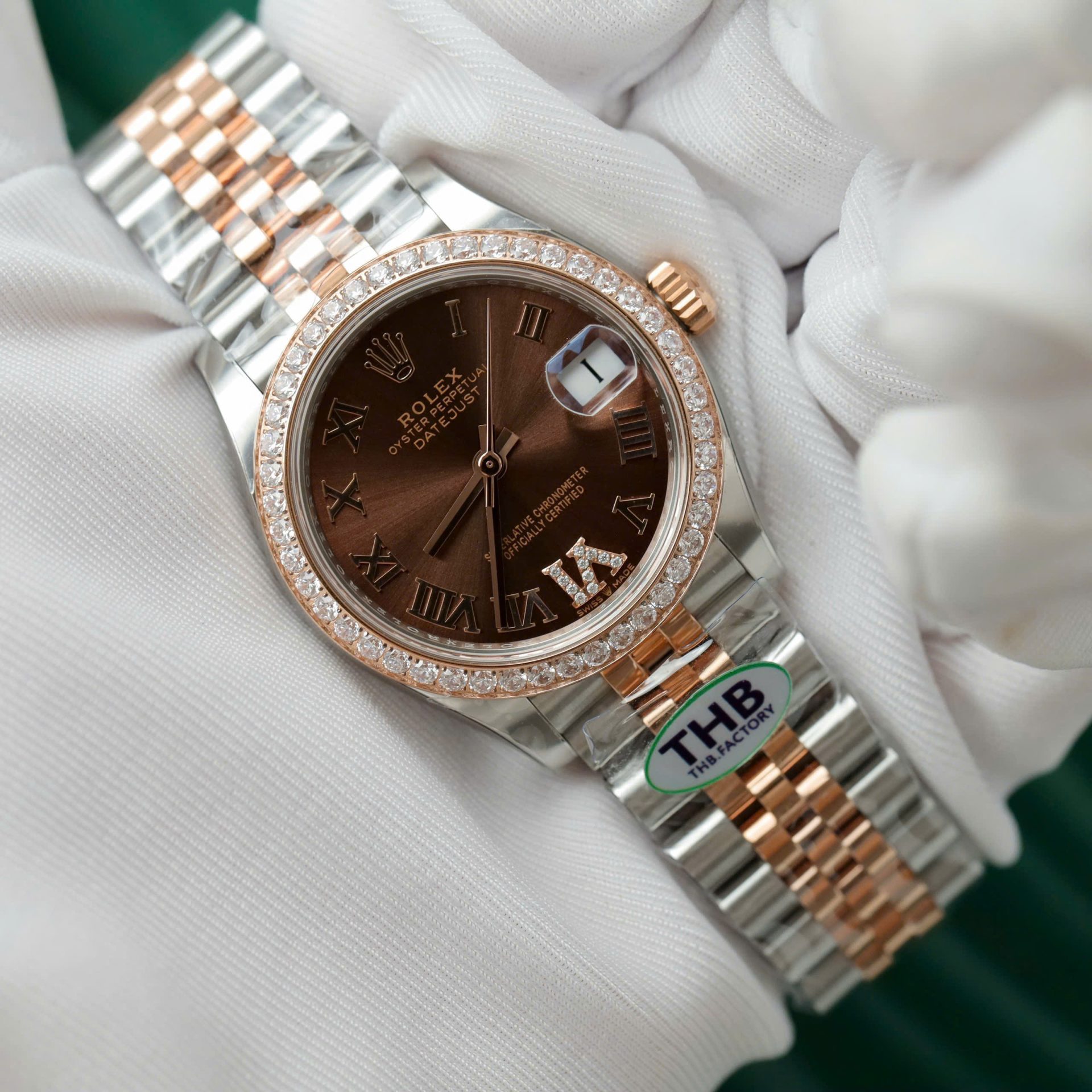 Rolex Datejust SS/RG Plated Chocolate Dial CZ Diamonds 31mm Jub THBF Replica
