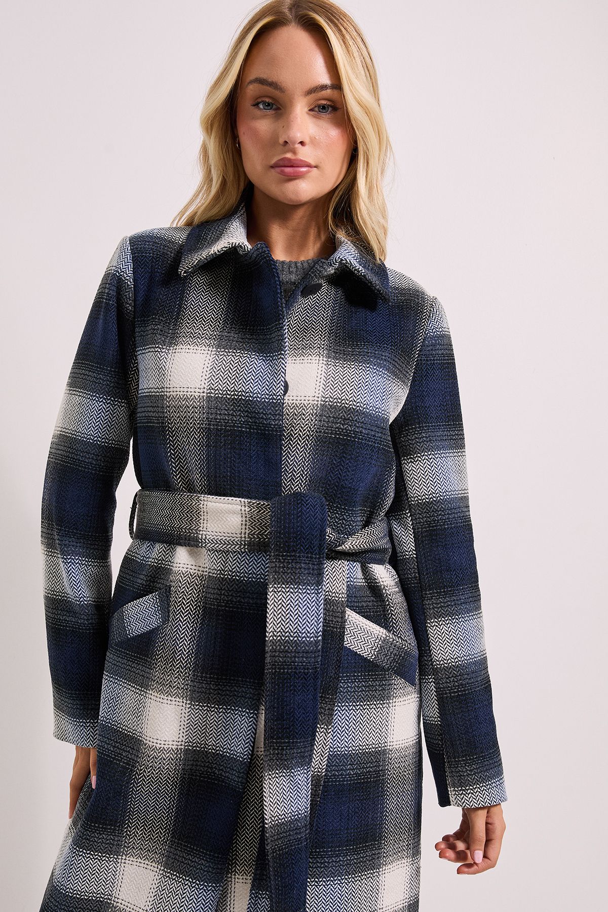 Dorothy Perkins Check Detail Fur Cuff Detail Belted Coat