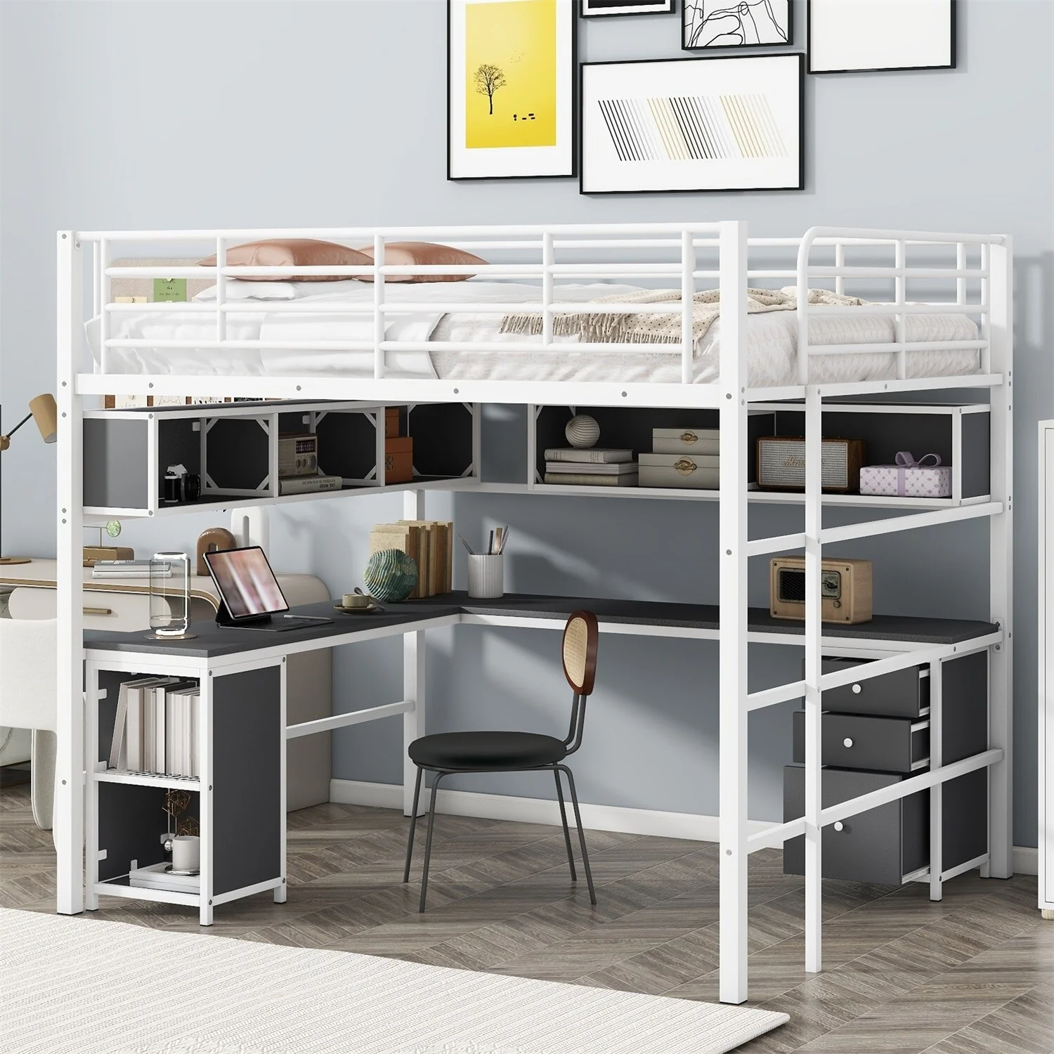 Merax Metal Loft Bed with bookcase, desk and cabinet