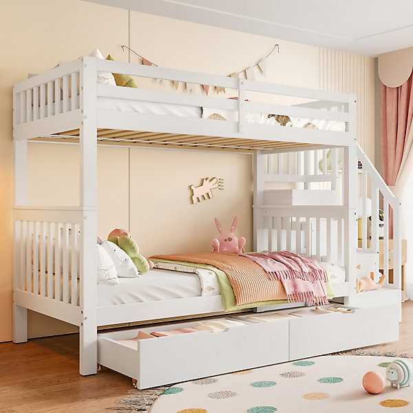 Lit Superposé 90x200 cm - Lit Superposé enfant avec Tiroirs et étagère de Rangement - Bois de Pin et MDF - Blanc - Sans Matelas