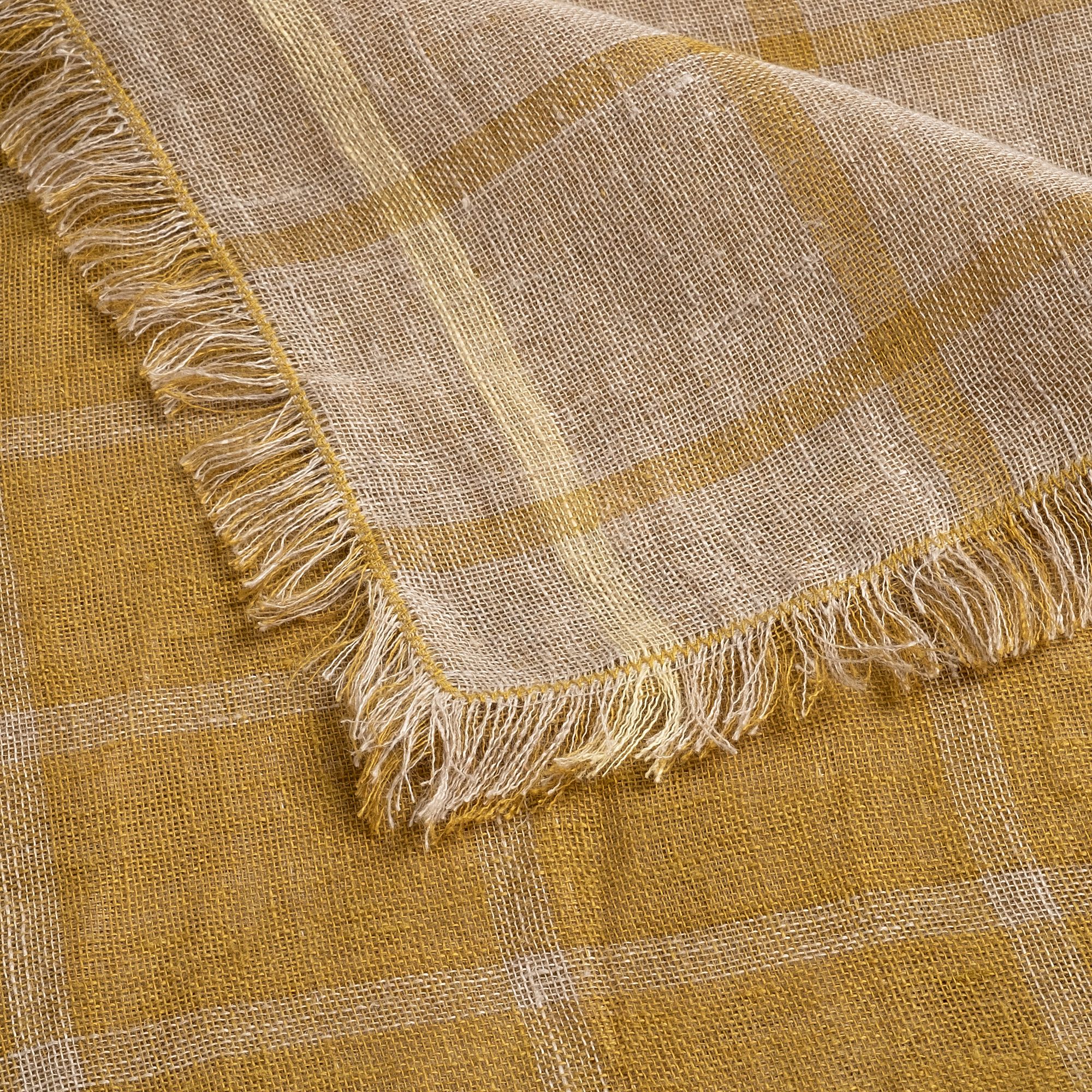 VALBEL - Plaid en lin lavé à carreaux finition franges 130x170cm - jaune