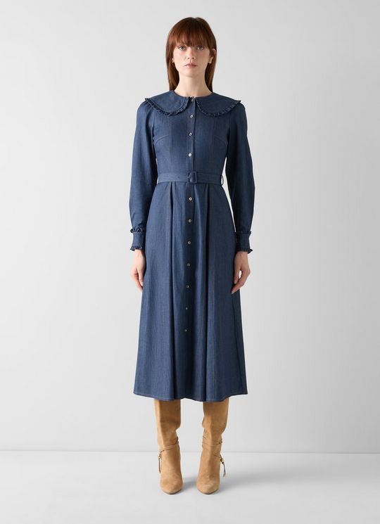 Pippa Indigo Cotton Denim Frill Dress