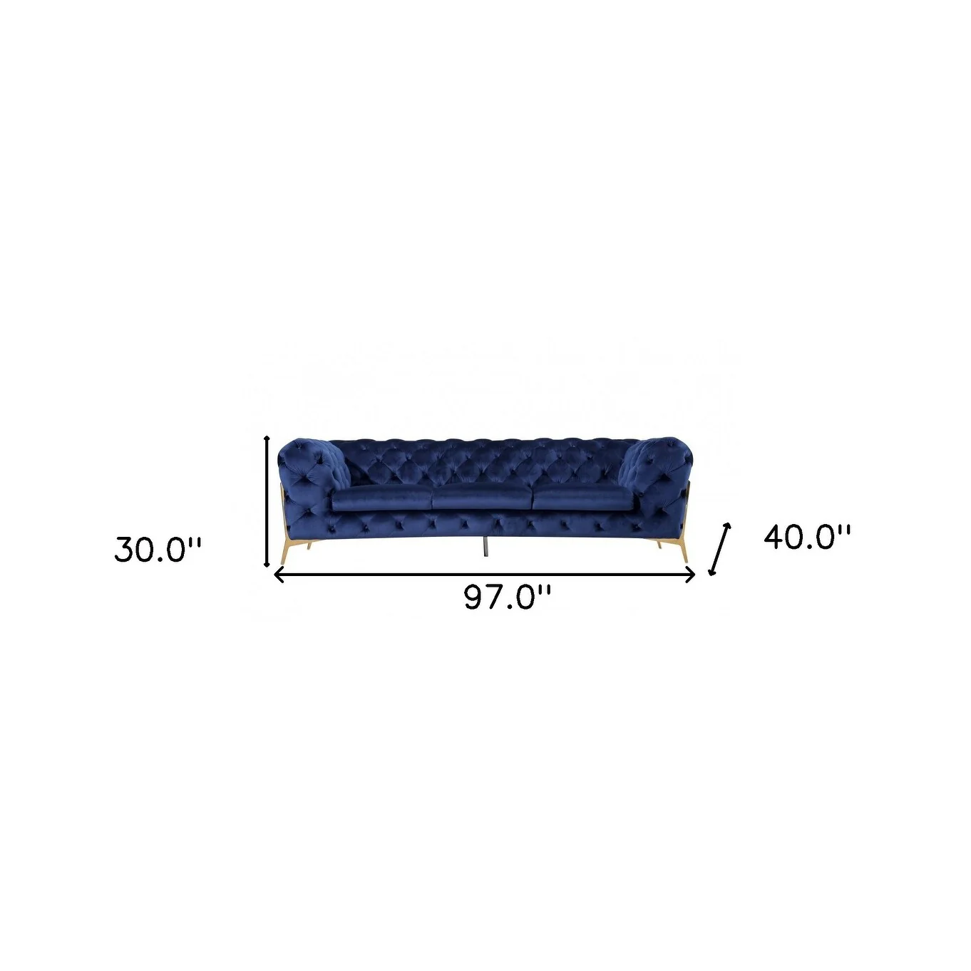 Contemporary 97 Blue Velvet And Gold Accent Sofa