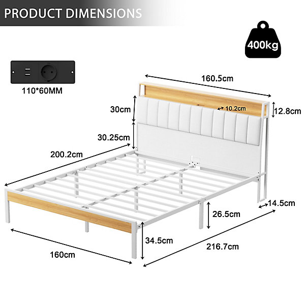 Cadre de lit, 160 x 200 avec Base en métal, lit 2 Personnes, avec lumières LED et Prises Multiples (1 Prise AC, 2 Ports USB)