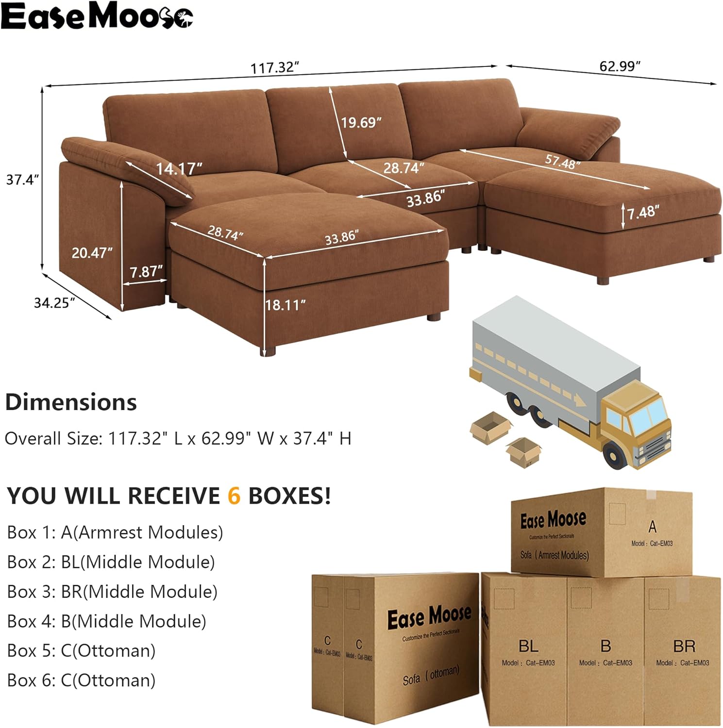 EASE MOOSE Brown Sectional Modular Sofa,Comfty U Shape Sectional FSC Certified Modern Deep Seat Couch,Brown Modular Cloud Couch,Removable and Washable