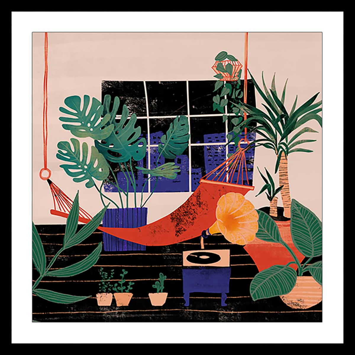 - Affiche illustration chill tropical avec cadre noir 30x30cm