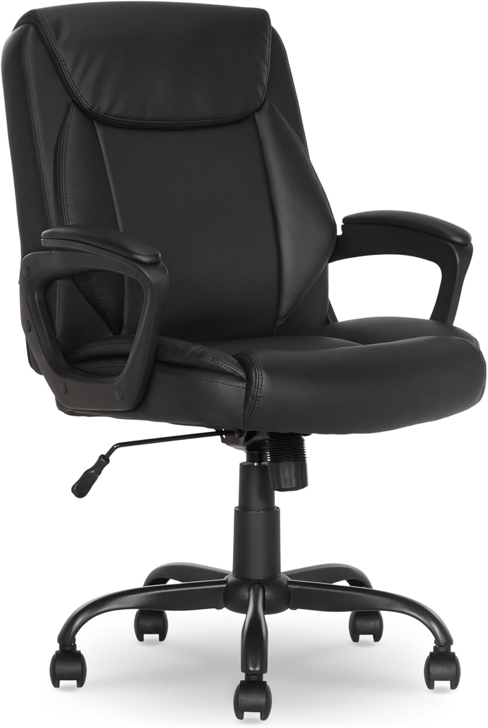 Amazon Basics Classic Puresoft PU Padded Mid-Back Office Desk Chair with Armrest, Easy Assembly, Sturdy Metal Base, Wheels, 275lb Support, 26D x 23.75W x 42H, Black