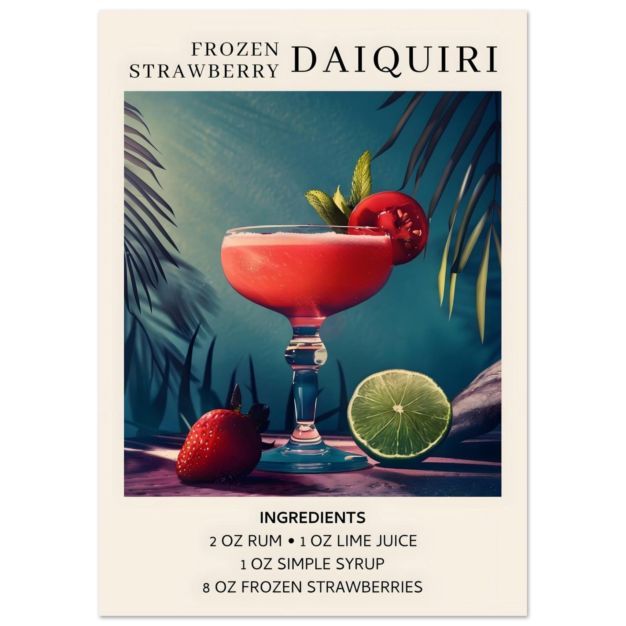 Artfulprints Poster Frozen Strawberry Daiquiri cocktail - Ingrediënten  - A4 21x29.7 cm - Meerkleurig