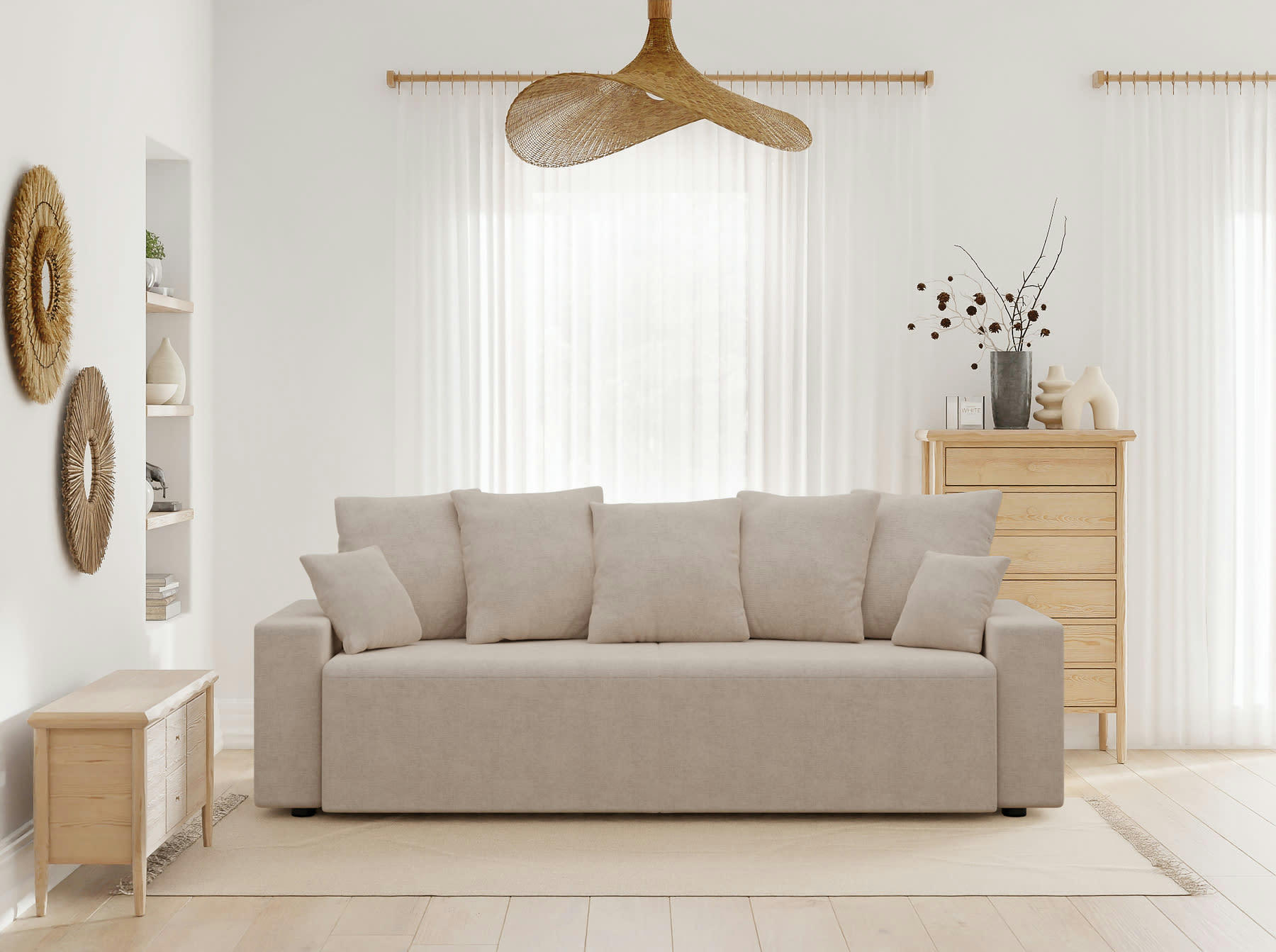 ALMA - Canapé droit convertible en tissu 3 places beige