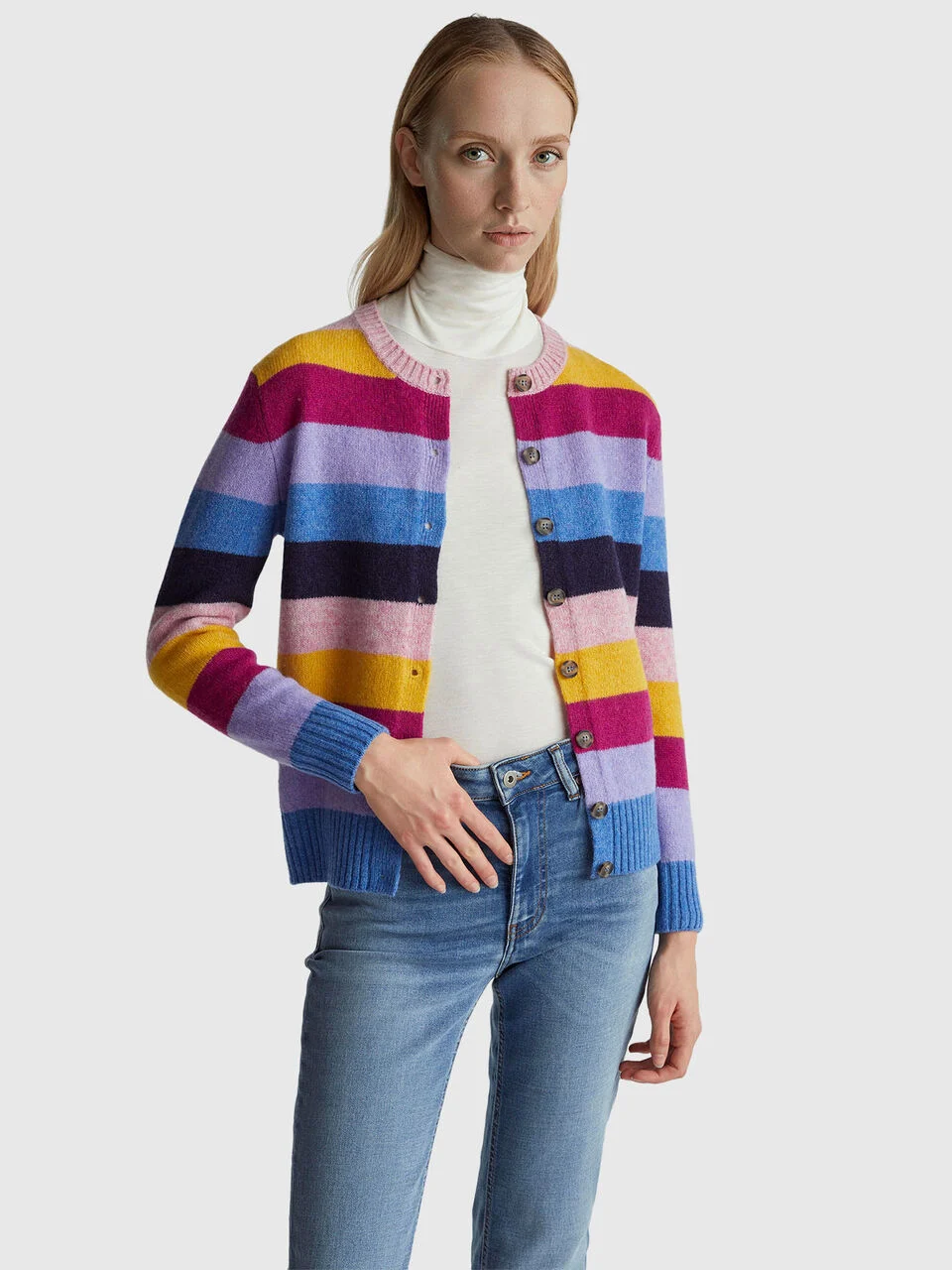 Striped cardigan in pure Shetland wool