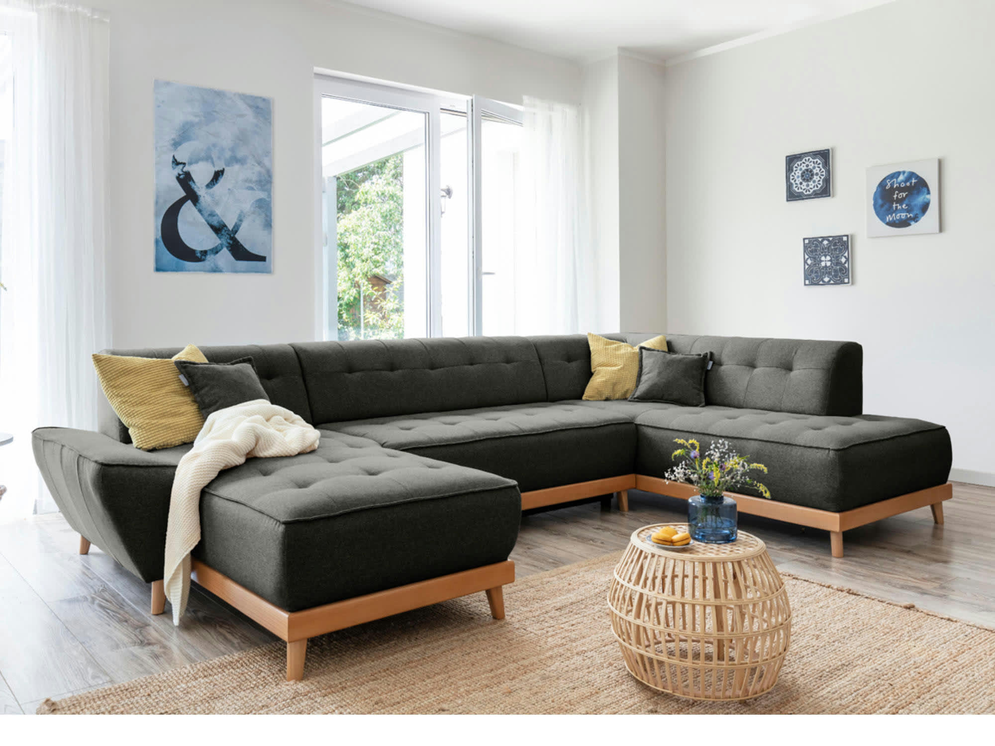 DAISY - Canapé panoramique 7 places angle droit en tissu gris foncé