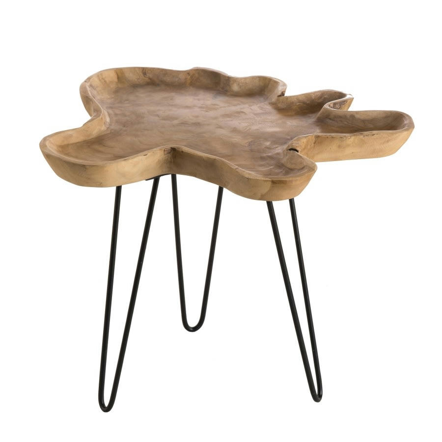 LALY - Table d'appoint forme naturelle en teck pieds épingles métal L56
