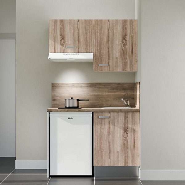 Kitchenette K01 - 120 cm - Façades : Bois - Plan de travail : Bois - Crédences : Oui - Evier Inox