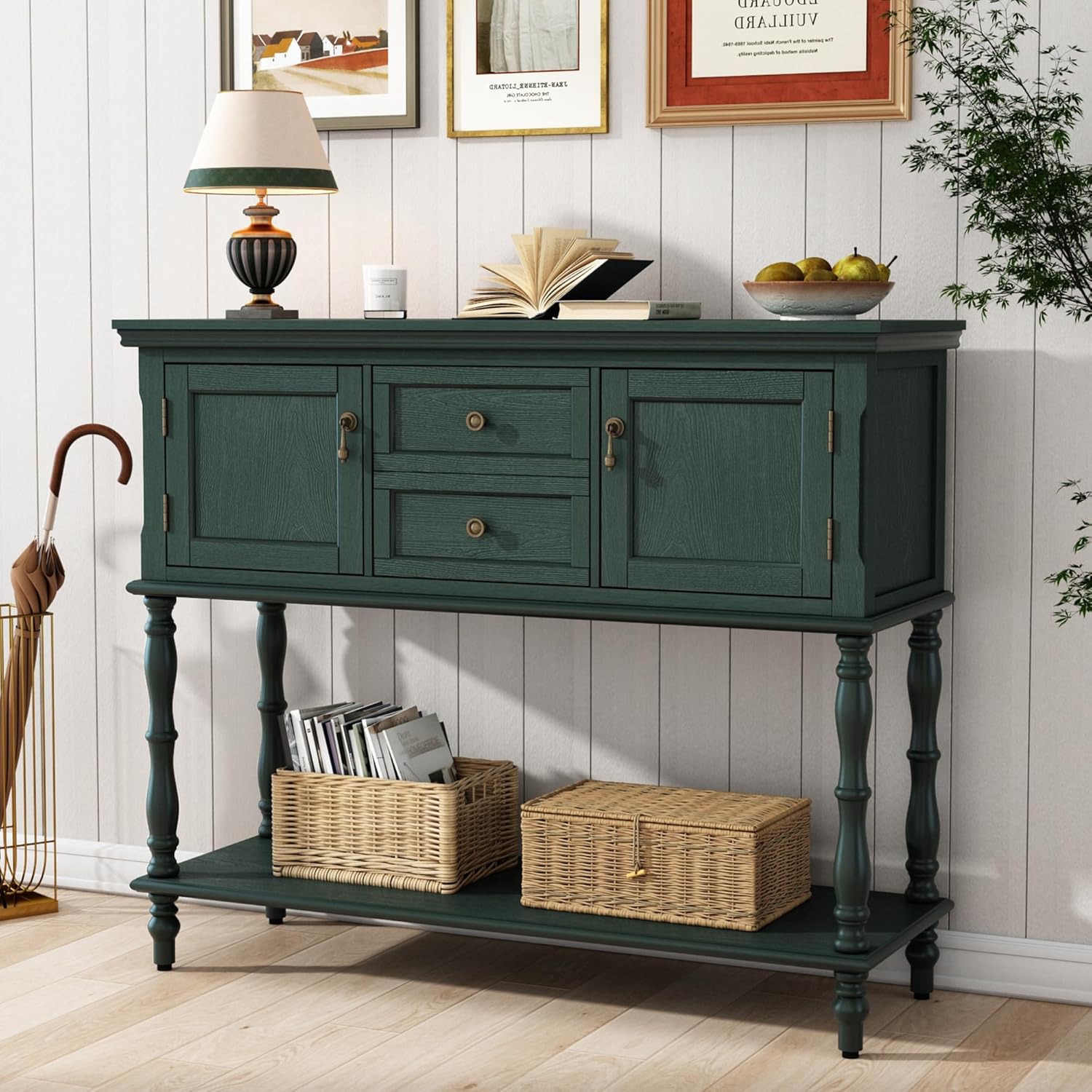 ARTPOWER Console Table with 2 Drawers, Retro Entryway Table with 2 Door Cabinets and Open Storage Shelf, Narrow Long Behind Couch Sofa Table for Living Room, Foyer, Hallway, Green