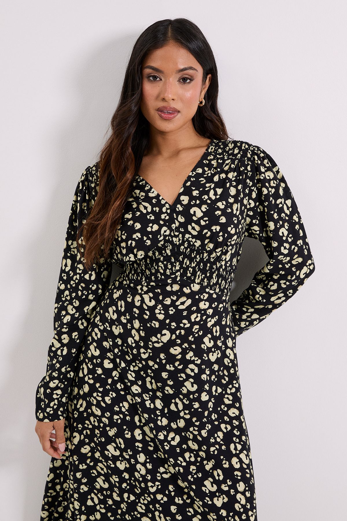 Dorothy Perkins Petite Yellow Animal Shirred Waist Button Detail Midi Dress