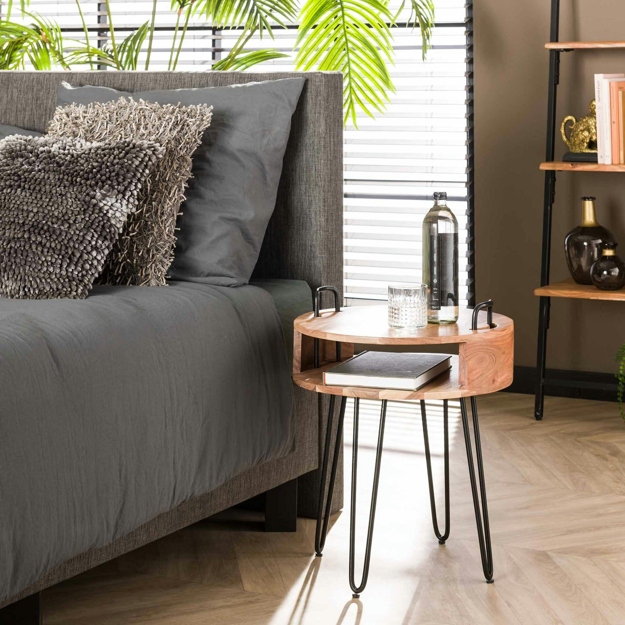 - Table de chevet ronde en bois massif avec pieds en métal naturel