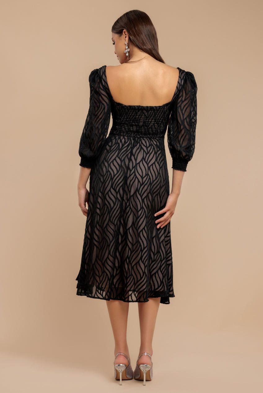 Goddiva Puff Sleeve Side Slit Flared Jacquard Chiffon Midi Dress