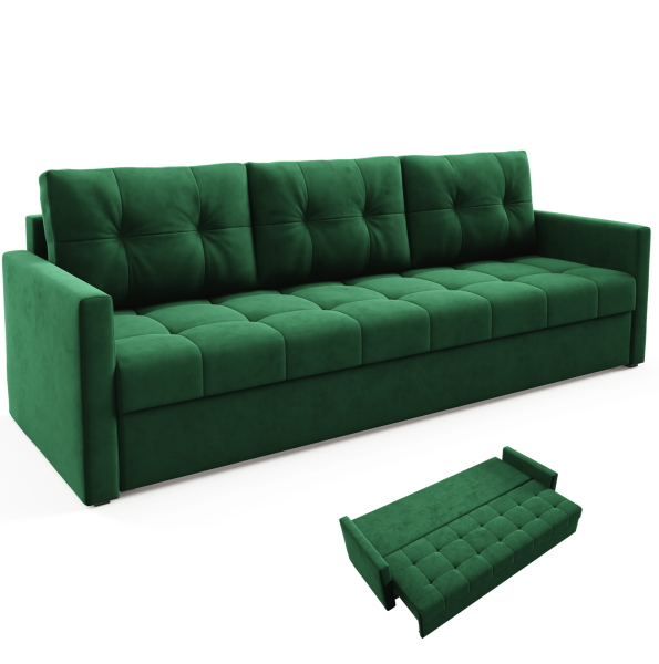 Elegancka sofa OLIVIA 230 cm z funkcją spania pikowana Zielona bonell