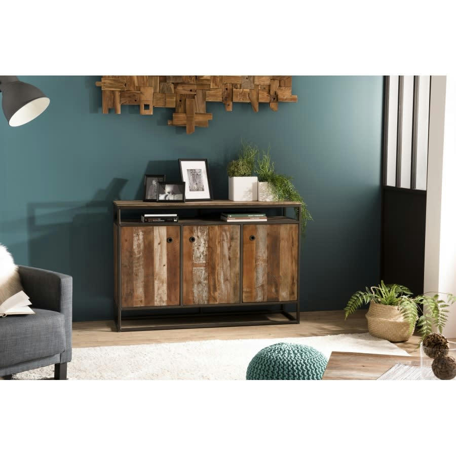 ALIDA - Buffet 3 portes en teck recyclé acacia mahogany métal noir