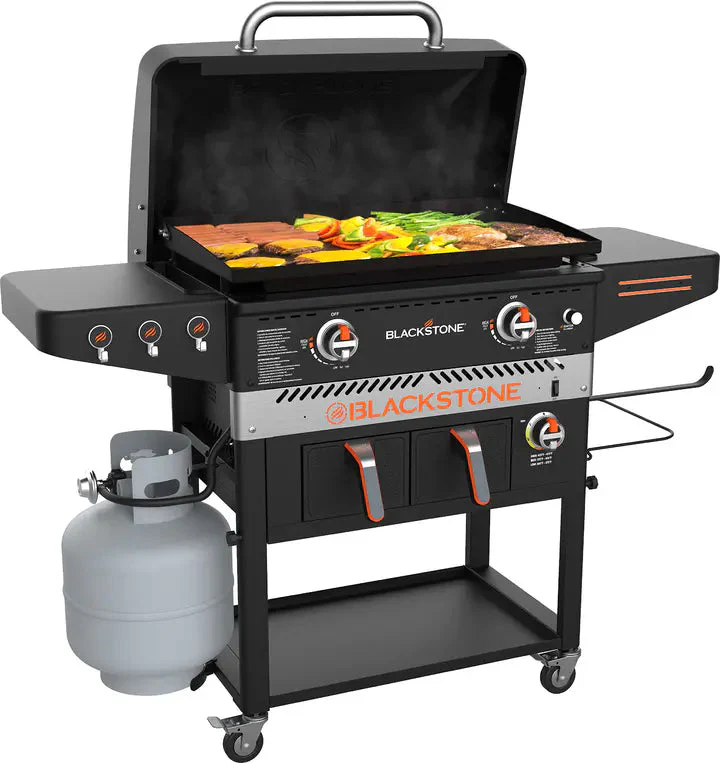 Blackstone 1962 Air Fryer Combo  Two Burners Stainless Steel Gas Hood, Wheels, Two Side Shelf �C Heavy Duty Outdoor Griddle Station for Backyard, Patio, 28 inch Black
