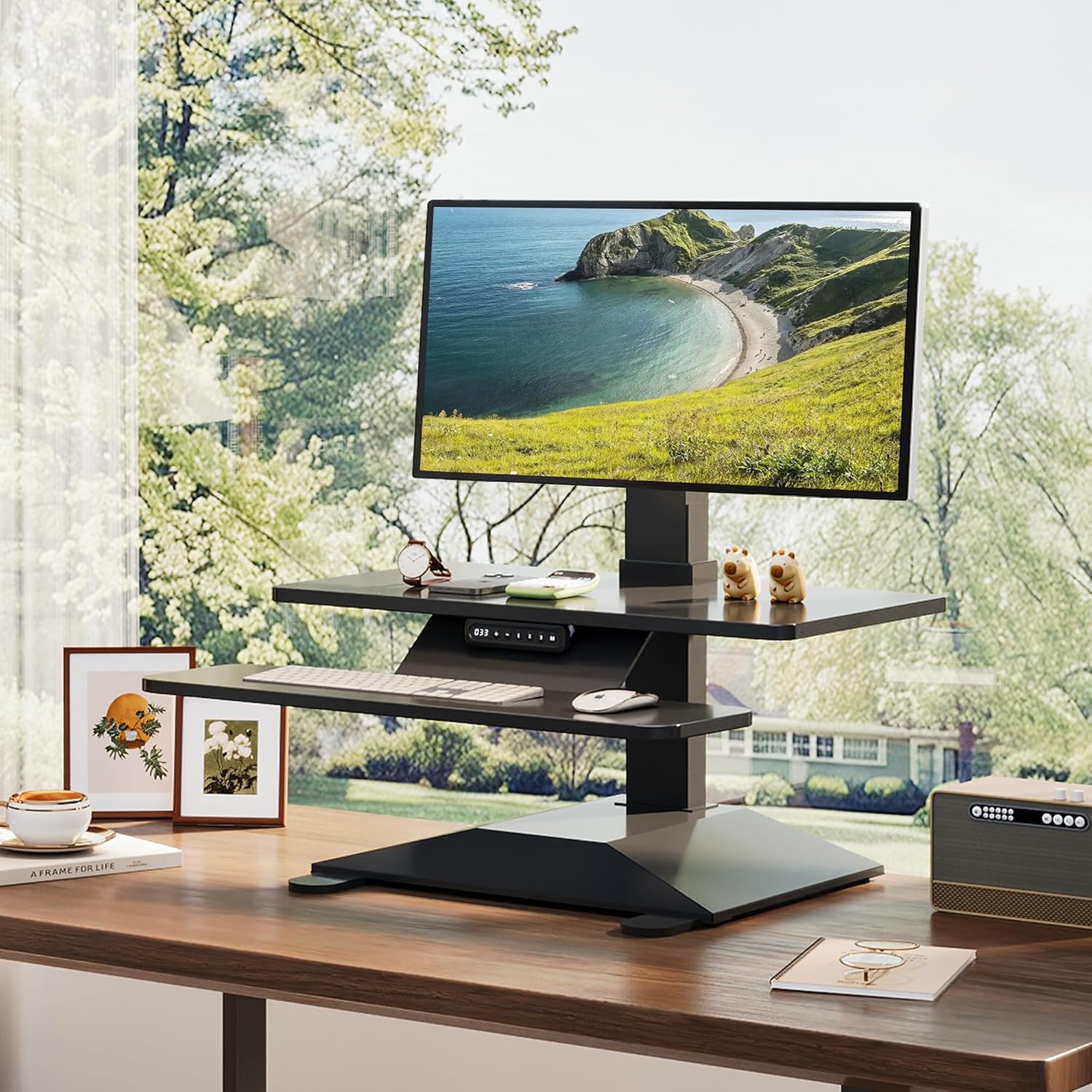 Electric Standing Desk Converter 28 Wide, Height Adjustable Desk Riser, Computer Workstation, Sit-Stand Convertor for Home, Office, School (Black, 1 Arm Included)