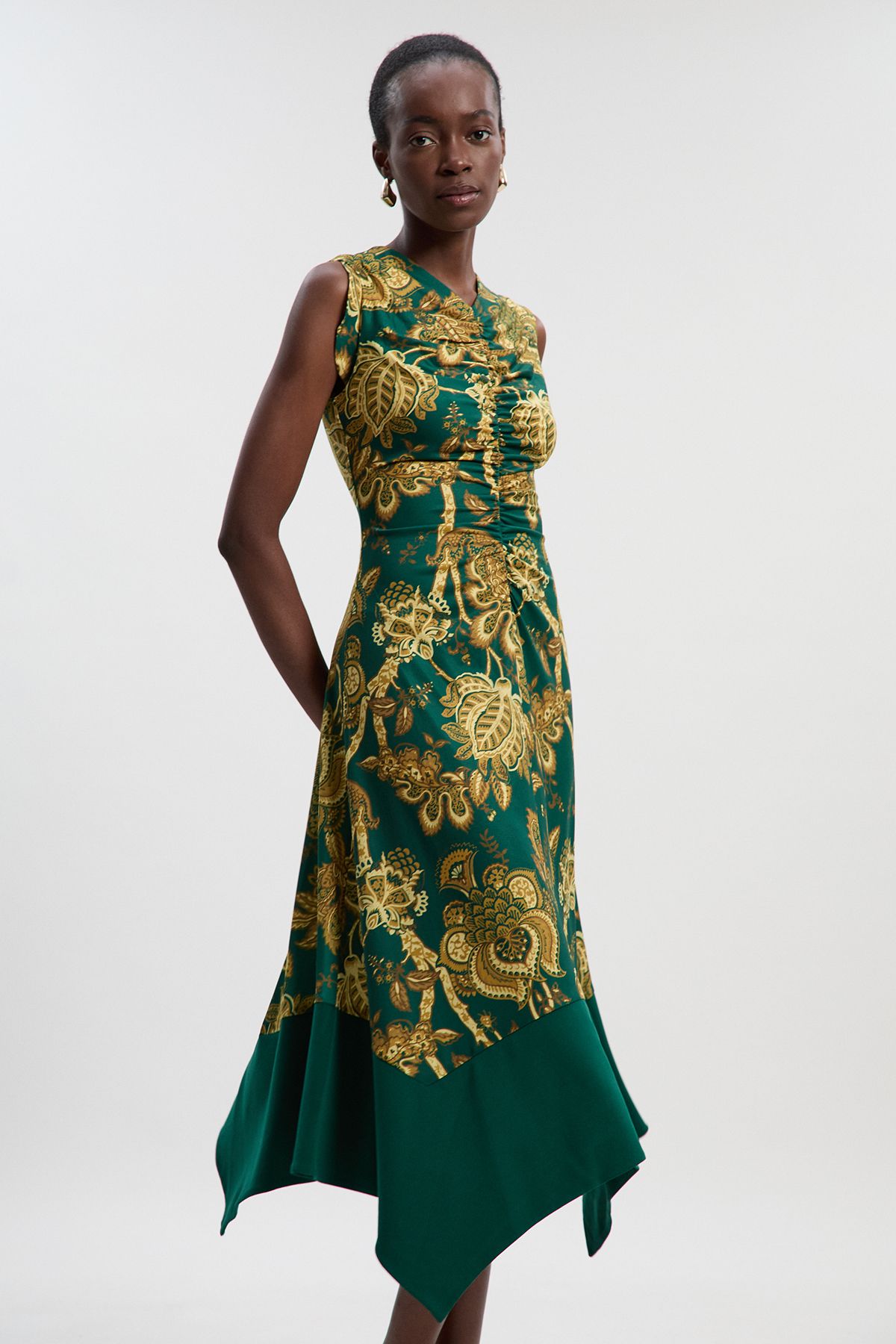 KarenMillen Paisley Print Crepe Hanky Hem Midi Dress